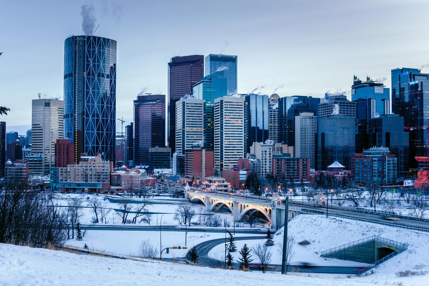 Indoor winter activities in Calgary. Calgary downtown covered in snow.