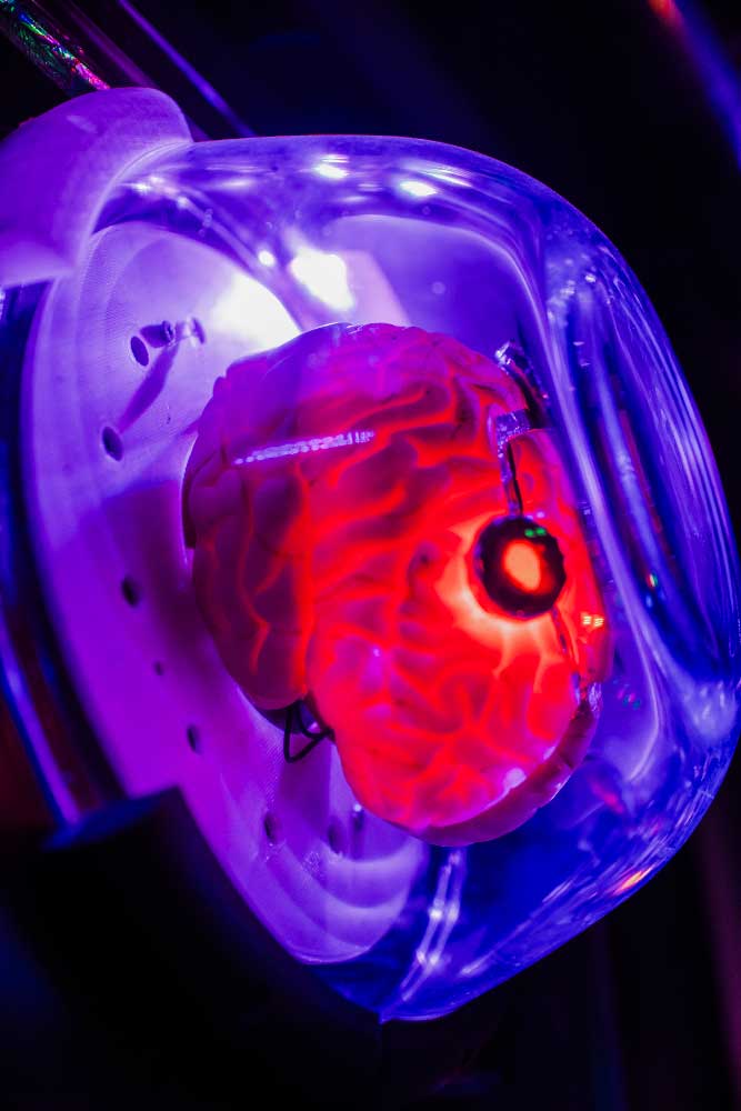 Glowing brain prop inside the Eldritch Emporium escape room